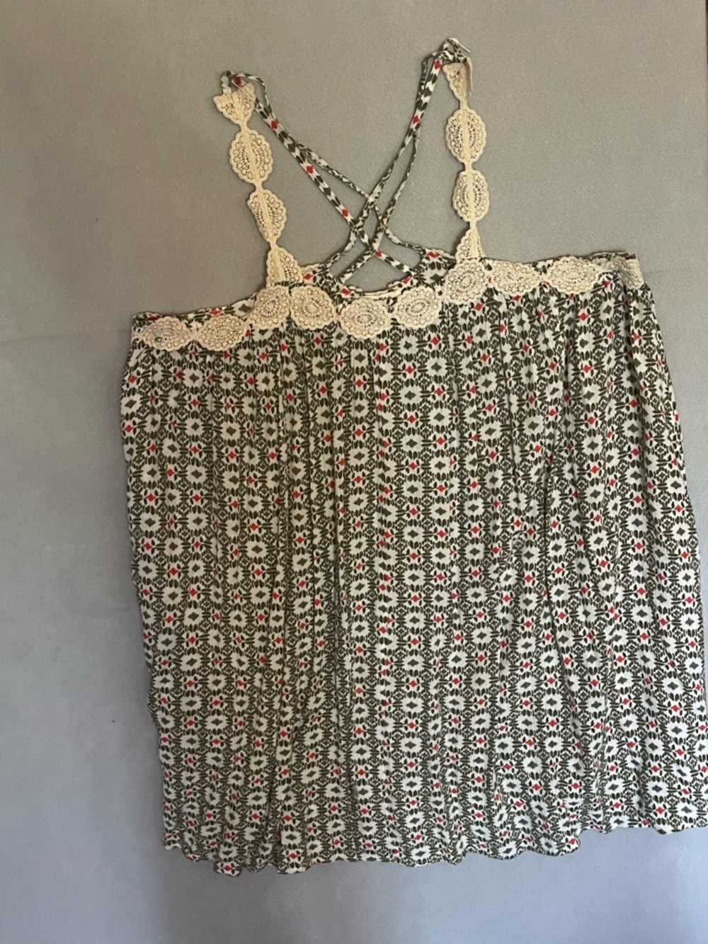 Umgee Olive, Cream & Red Crochet-Trim Cami Sz. S #139